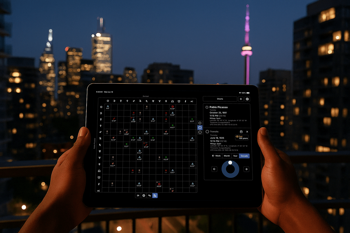 First person perspective of hands holding an iPad displaying the Astrotheoros app with a biwheel aspects table. The setting is on a high rise balcony, city lights in the background.