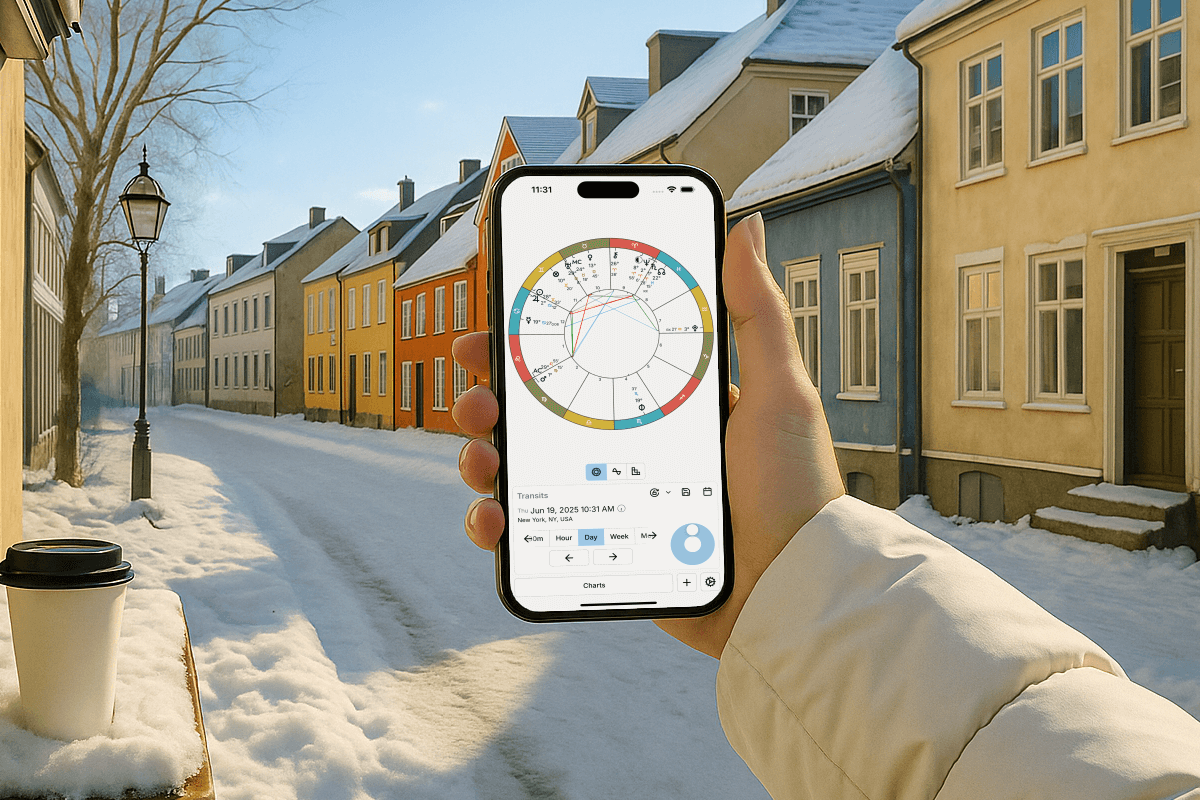 First person perspective of hands holding a smartphone displaying the Astrotheoros app with a natal chart. The setting is outdoors in cozy freshly snowed on european village, with a warm coffee nearby.
