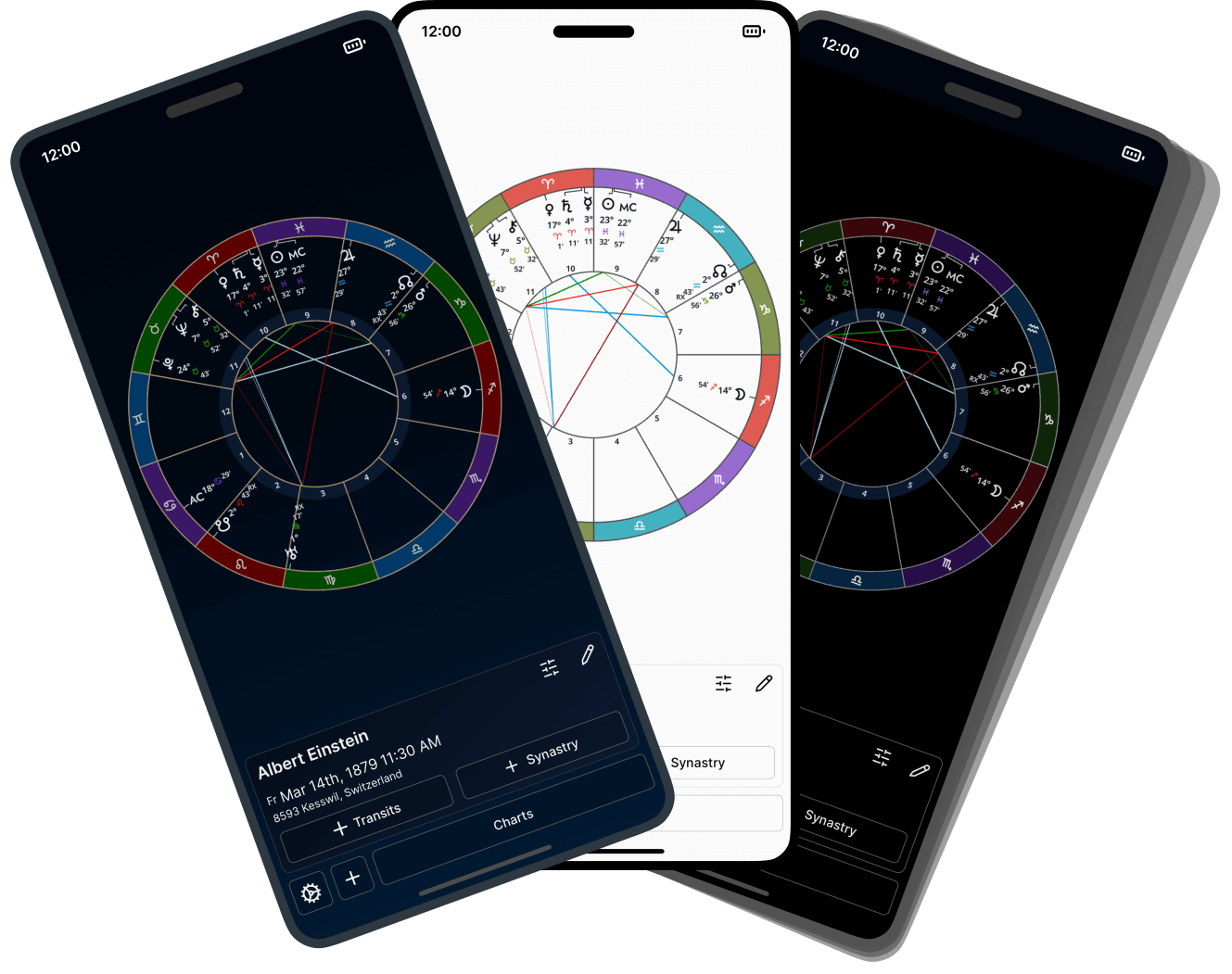 Astrotheoros displayed in three phones with a different theme displayed on each.